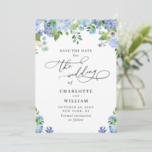 Elegant Blue Hydrangea Greenery Wedding Photo Save The Date (Staand voorkant)
