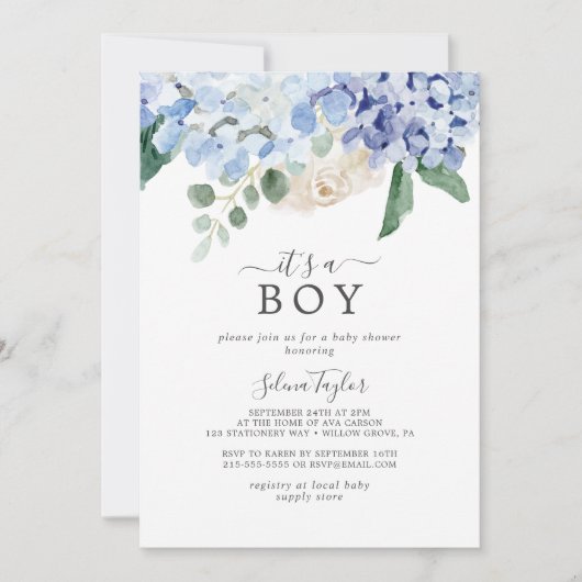 Elegant Blue Hydrangea Het is een Baby shower van Kaart (Voorkant)