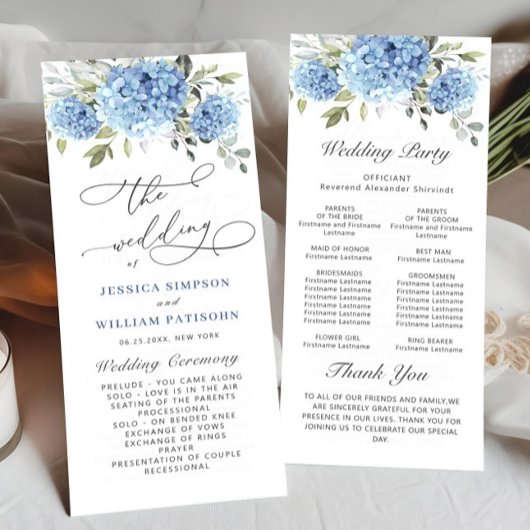 Elegant Blue Hydrangea huwelijksceremonie programm Programma