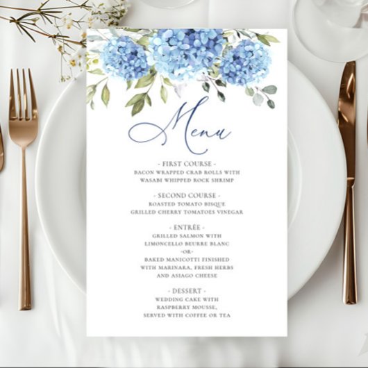 Elégant Blue Hydrangea Mariage Diner Menu