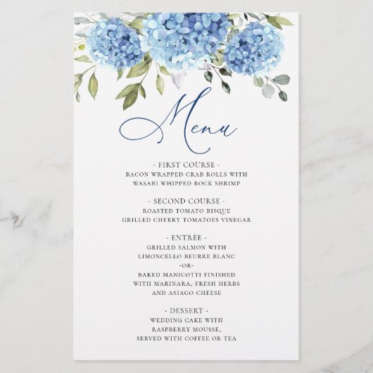 Elégant Blue Hydrangea Mariage Diner Menu (Devant)