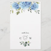 Elégant Blue Hydrangea Mariage Diner Menu (Dos)