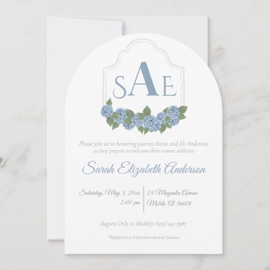 Elegant Blue Hydrangea Monogram Crest Baby shower Kaart (Voorkant)