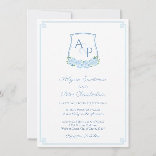 Elegant Blue Hydrangea Monogram Crest Wedding Kaart (Voorkant)