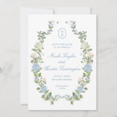 Elegant Blue Hydrangea Monogram Save the Date Kaart (Voorkant)