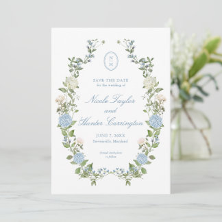Elegant Blue Hydrangea Monogram Save the Date Kaart