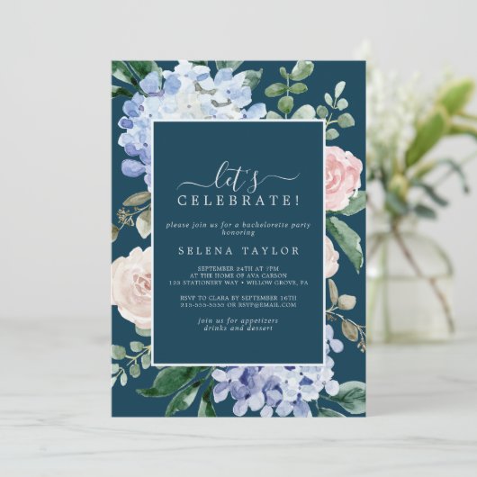 Elegant Blue Hydrangea | Navy Let's Celebrate Kaart (Staand voorkant)