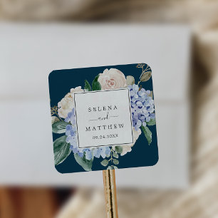 Elegant Blue Hydrangea Navy Wedding Envelope Seals Vierkante Sticker