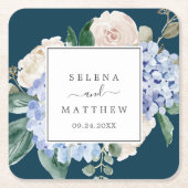 Elegant Blue Hydrangea Navy Wedding Vierkante Kartonnen Onderzetter (Voorkant)