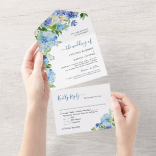 Elegant Blue Hydrangea Pastel Floral Wedding All In One Uitnodiging