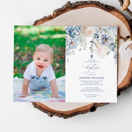 Elégant Blue Hydrangea Photo Baptême Invitation