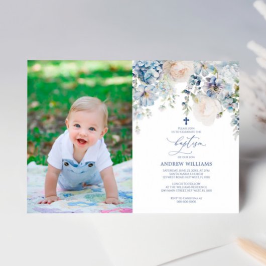 Elégant Blue Hydrangea Photo Baptême Invitation