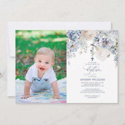 Elégant Blue Hydrangea Photo Baptême Invitation (Devant)