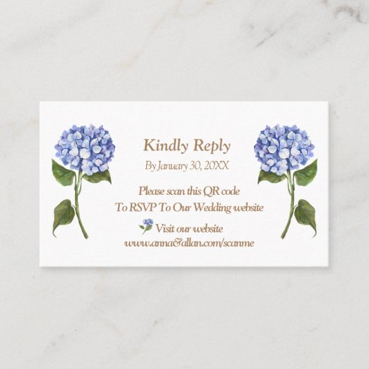 Elegant Blue Hydrangea QR Code RSVP Enclosure Kaar Plaatskaartje (Voorkant)