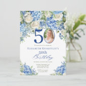 Elegant Blue Hydrangea Roses Photo Birthday Party Kaart (Staand voorkant)