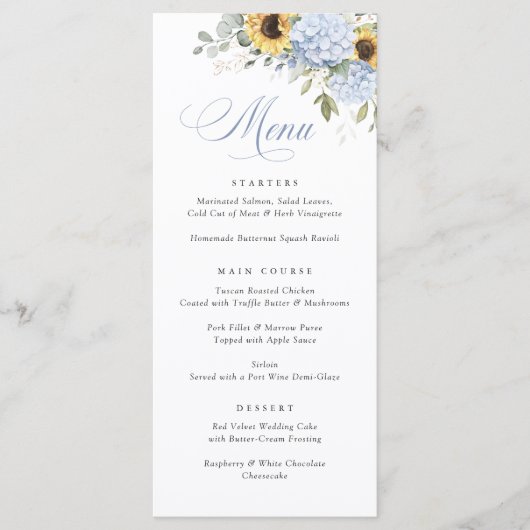 Elégant Blue Hydrangea Sunflowers Menu Mariage (Devant)