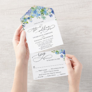Elegant Blue Hydrangea Waterverf Greenery Wedding All In One Uitnodiging