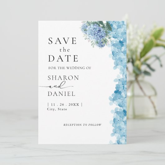 Elegant Blue Hydrangea Waterverf Save The Date (Staand voorkant)