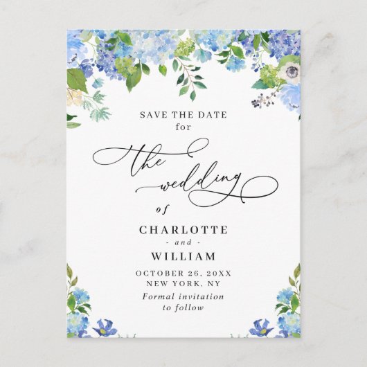 Elegant Blue Hydrangea Wedding QR Save the Date Briefkaart (Voorkant)