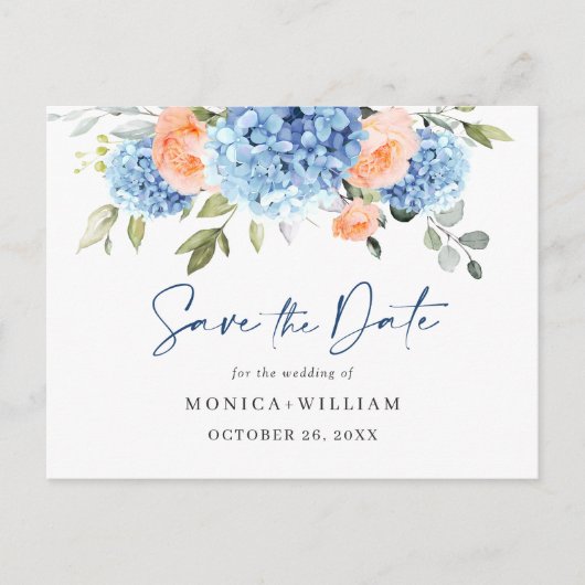 Elegant Blue Hydrangea Wedding Save the Date Briefkaart (Voorkant)