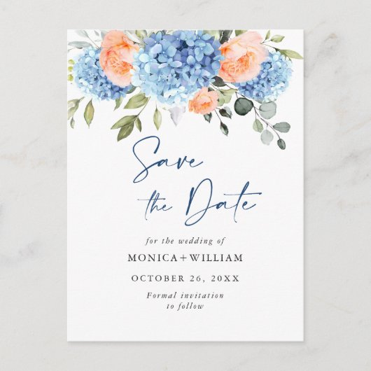 Elegant Blue Hydrangea Wedding Save the Date Briefkaart (Voorkant)