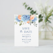 Elegant Blue Hydrangea Wedding Save the Date Briefkaart (Staand voorkant)