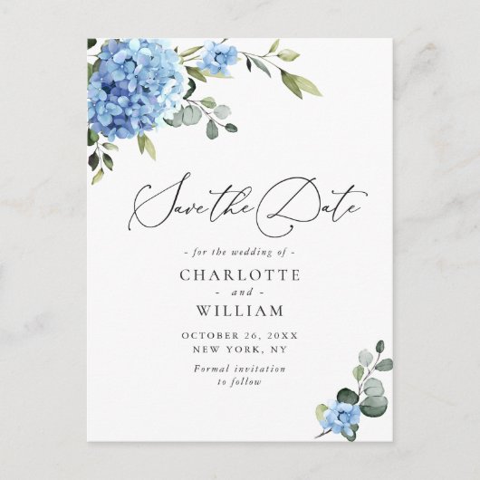 Elegant Blue Hydrangea Wedding Save the Date Briefkaart (Voorkant)