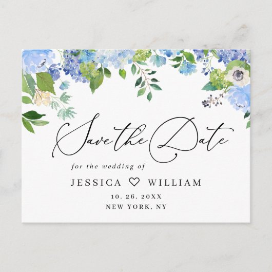 Elegant Blue Hydrangea Wedding Save the Date Briefkaart (Voorkant)
