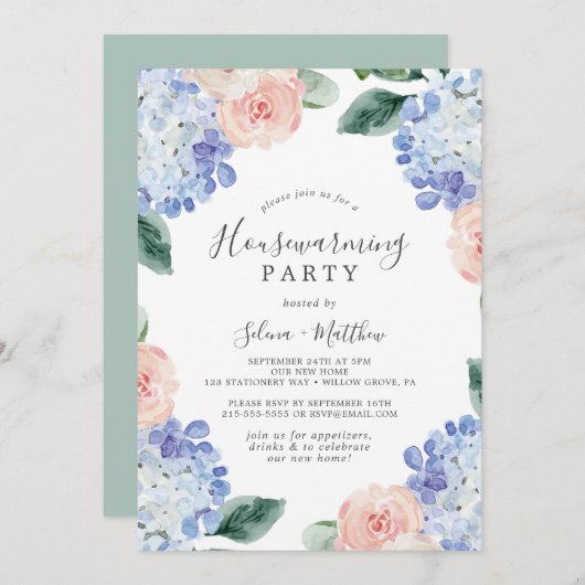 Elegant Blue Hydrangea | White Housewarming Party Kaart (Voorkant / Achterkant)