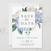 Elegant Blue Hydrangea | White Save the Date Kaart (Voorkant)