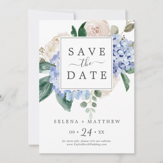 Elegant Blue Hydrangea | White Save the Date Kaart (Voorkant)