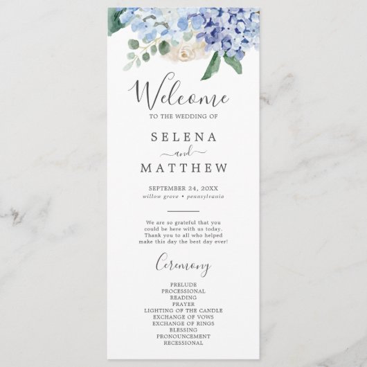 Elegant Blue Hydrangea | White Wedding Programme Programma (Voorkant)