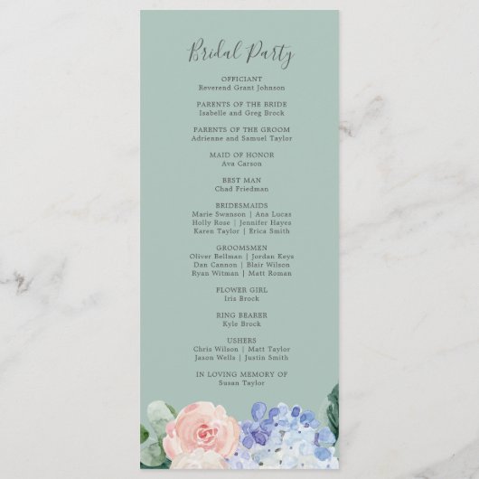 Elegant Blue Hydrangea | White Wedding Programme Programma (Achterkant)