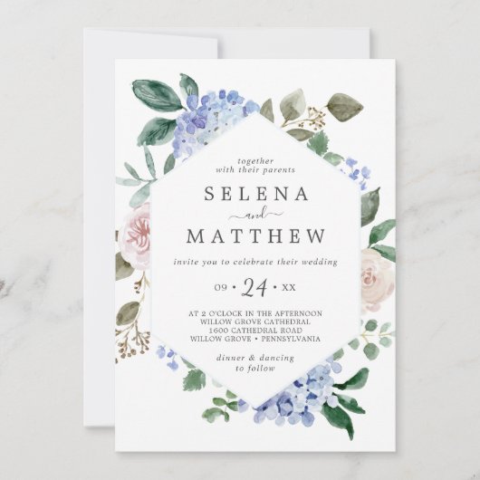 Elegant Blue Hydrangea | Wit Casual huwelijk Kaart (Voorkant)