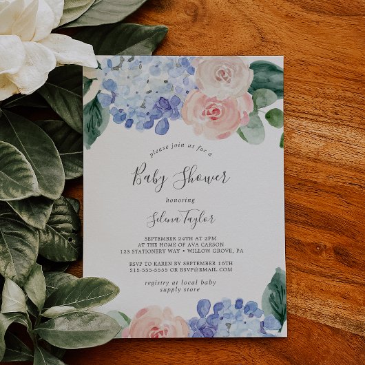 Elegant Blue Hydrangea | Witte Baby shower Kaart
