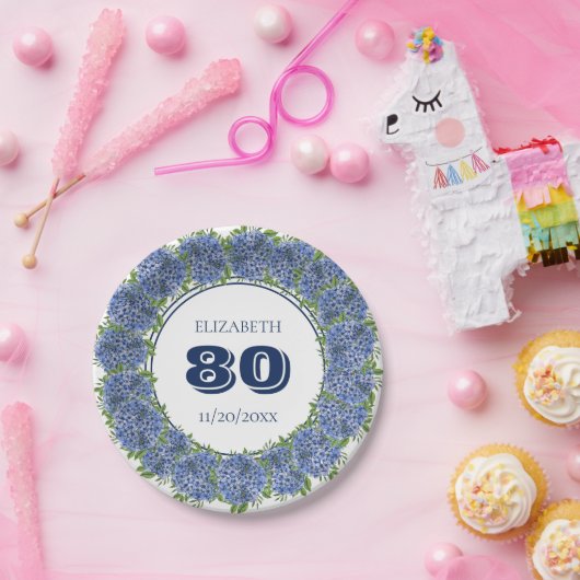 Elegant Blue Hydrangeas 80th Birthday Party Papieren Bordje (Feest)