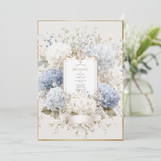 Elegant Blue Hydrangeas Vintage Wedding Kaart (Staand voorkant)