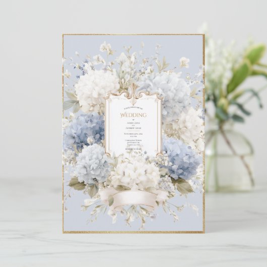 Elegant Blue Hydrangeas Vintage Wedding Kaart (Staand voorkant)