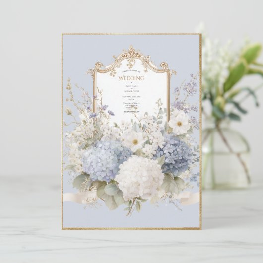 Elegant Blue Hydrangeas Vintage Wedding Kaart (Staand voorkant)