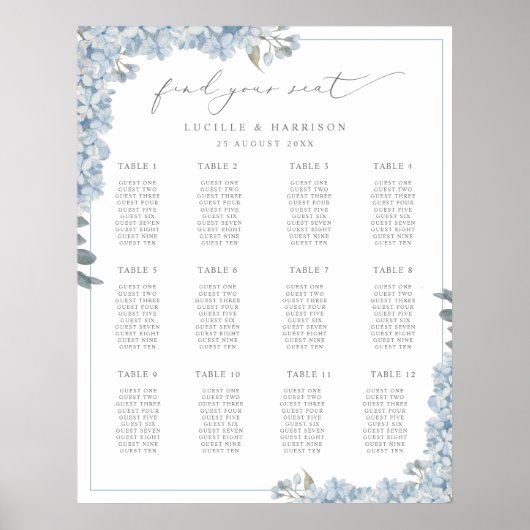 Elegant Blue Hydrangeas Wedding Plan Poster (Voorkant)