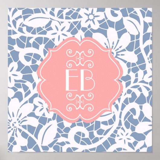 Elegant Blue Lace Personalized Monogram Poster (Voorkant)