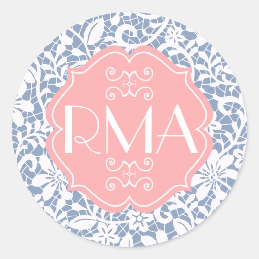Elegant Blue  Lace Personalized Monogram Ronde Sticker (Voorkant)