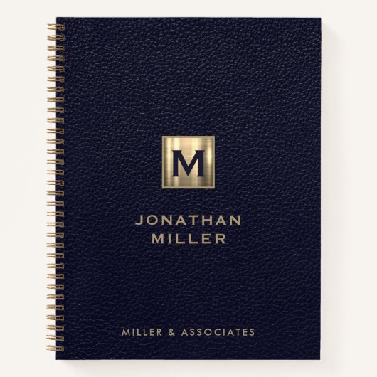 Elegant Blue Leather Gold Initiaal Notitieboek (Voorkant)