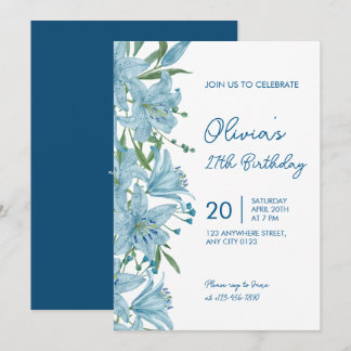 Elegant Blue Lily 27th Birthday Party Invitation Kaart
