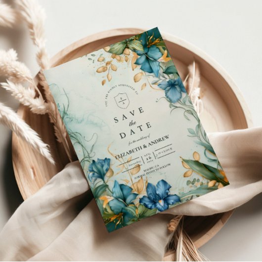 Elegant Blue Lily Botanical Wedding Save The Date