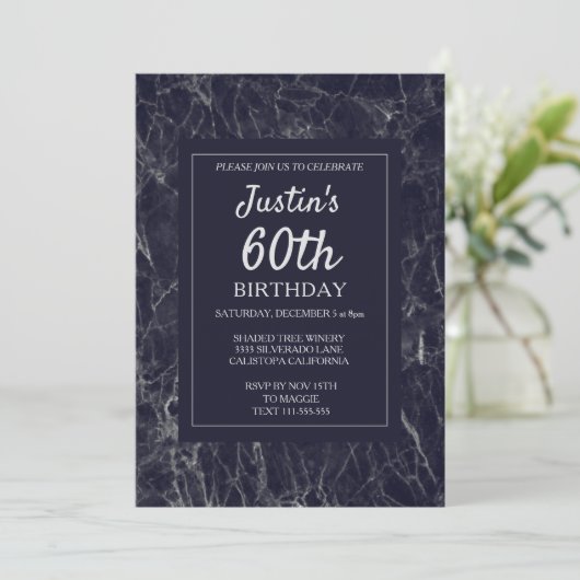 Elegant Blue Marble 60th Birthday Invitation Kaart (Staand voorkant)