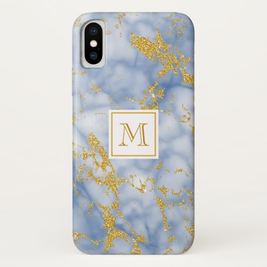 Elegant Blue Marble Monogram Faux Gold Glitter Case-Mate iPhone Case (Achterkant)