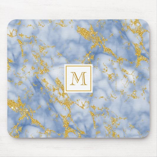 Elegant Blue Marble Monogram Faux Gold Glitter Muismat (Voorkant)