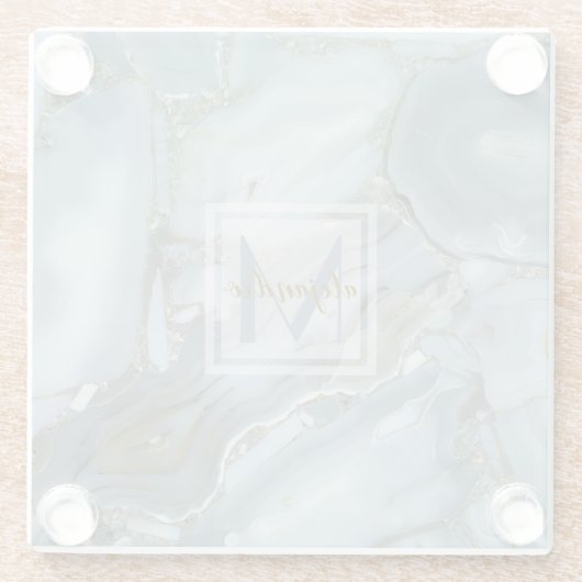 Elegant Blue Marble Natural Stone Pattern Monogram Glazen Onderzetter (Achterkant)