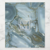 Elegant Blue Marble Natural Stone Pattern Monogram Wijn Etiket (Enkel label)